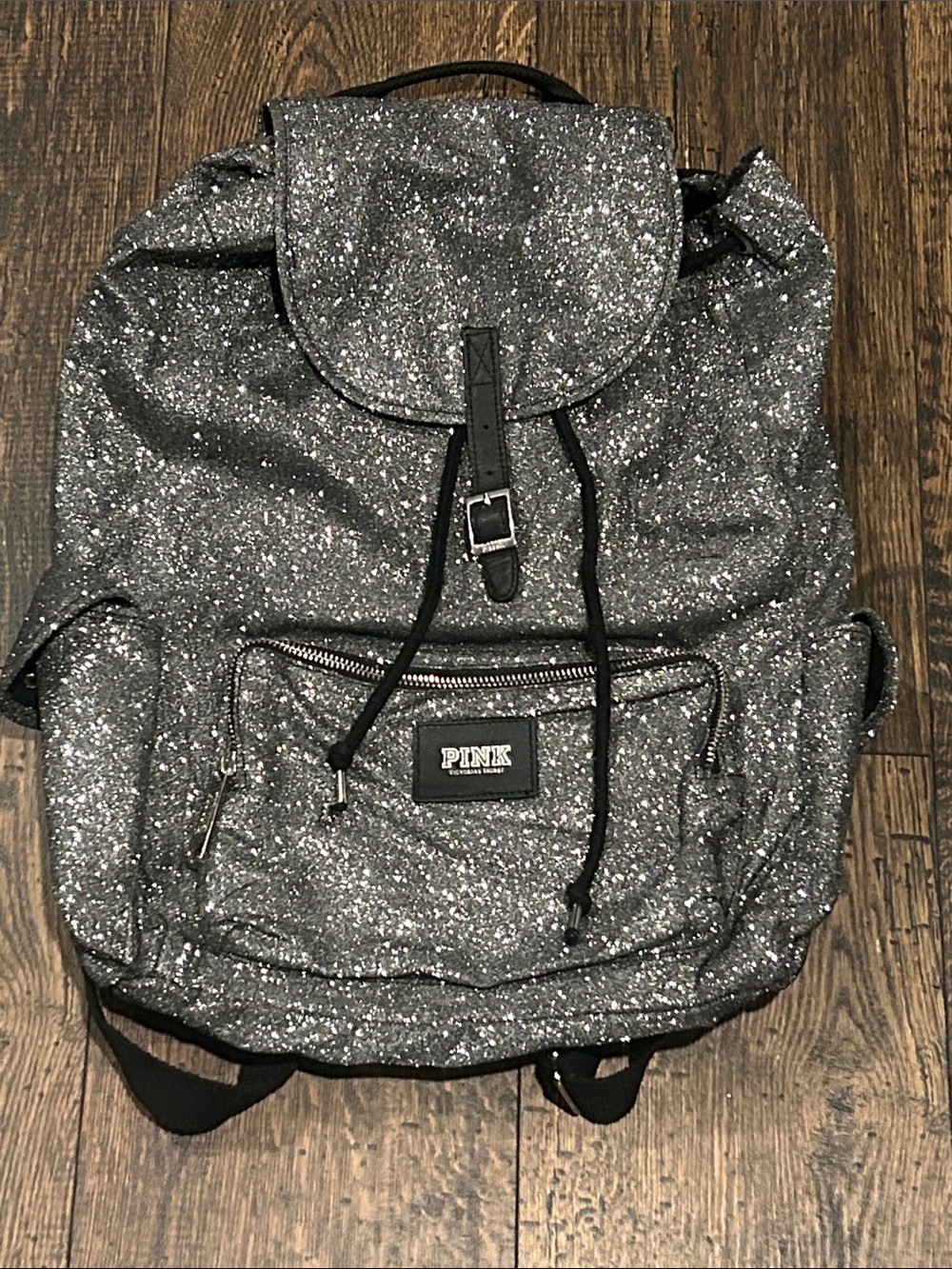 RARE Y2K Victoria's Secret PINK Gunmetal Glitter Drawstring Backpack